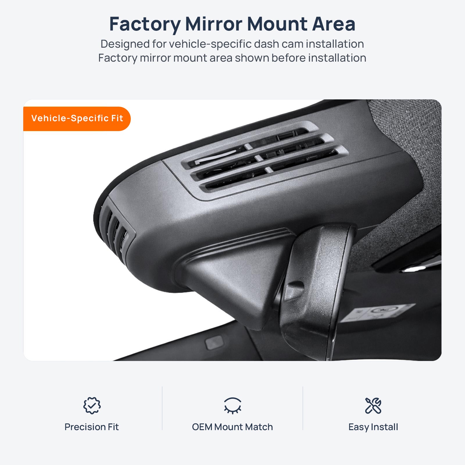 Factory mirror mount area for Volvo EX30 dash cam installation