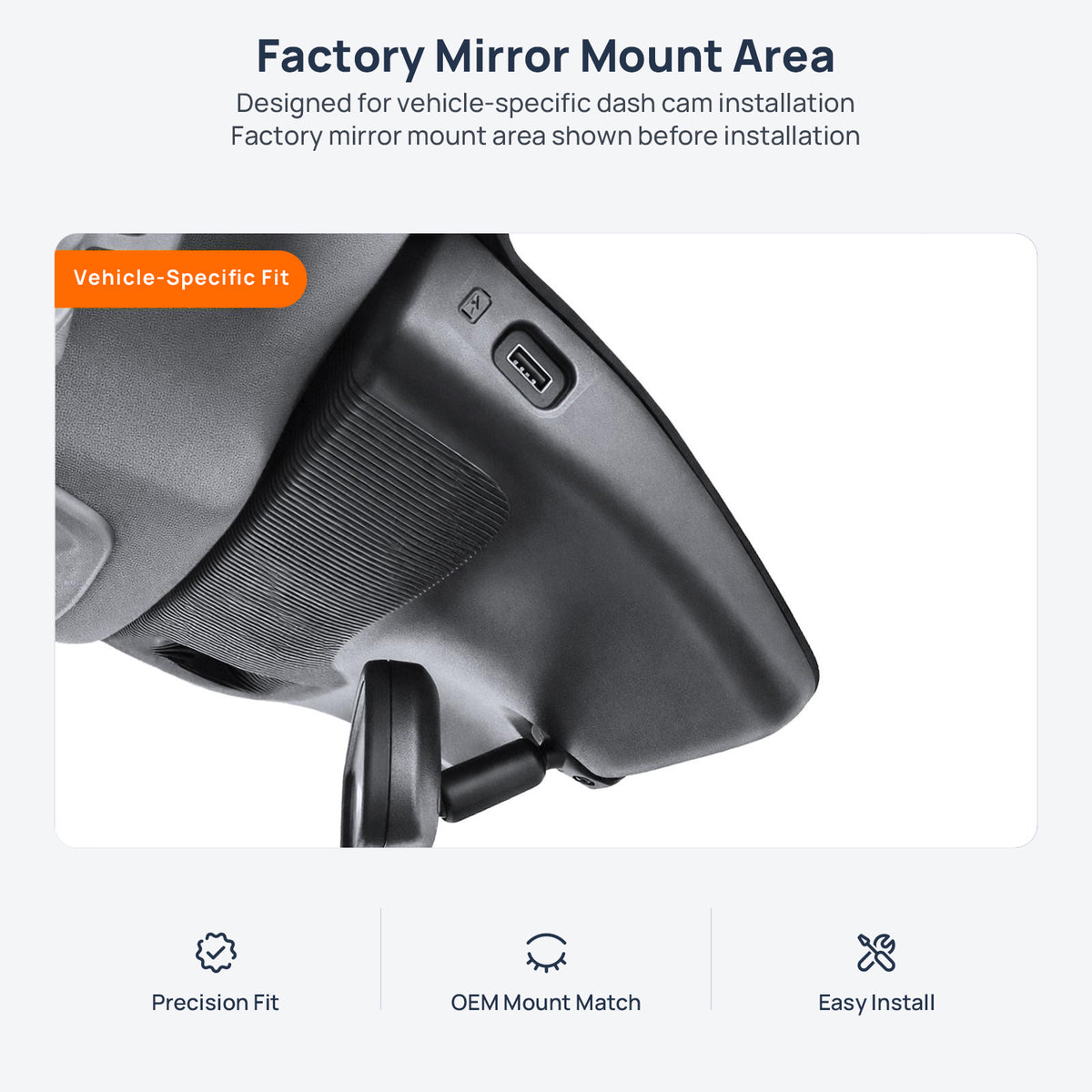 Factory mirror mount area for Ford Explorer U625 dash cam installation