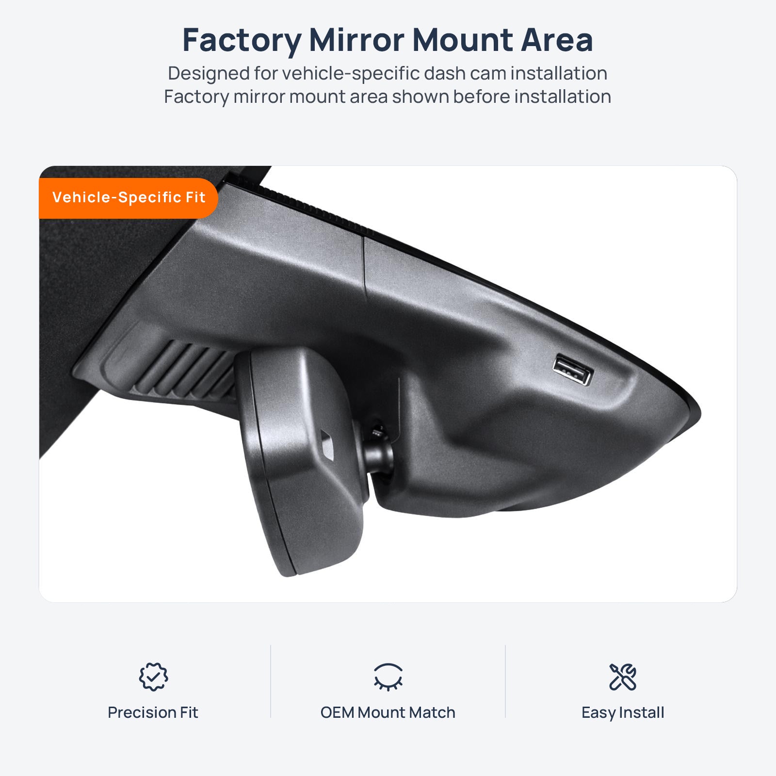 Factory mirror mount area for Ford Focus C519 dash cam installation