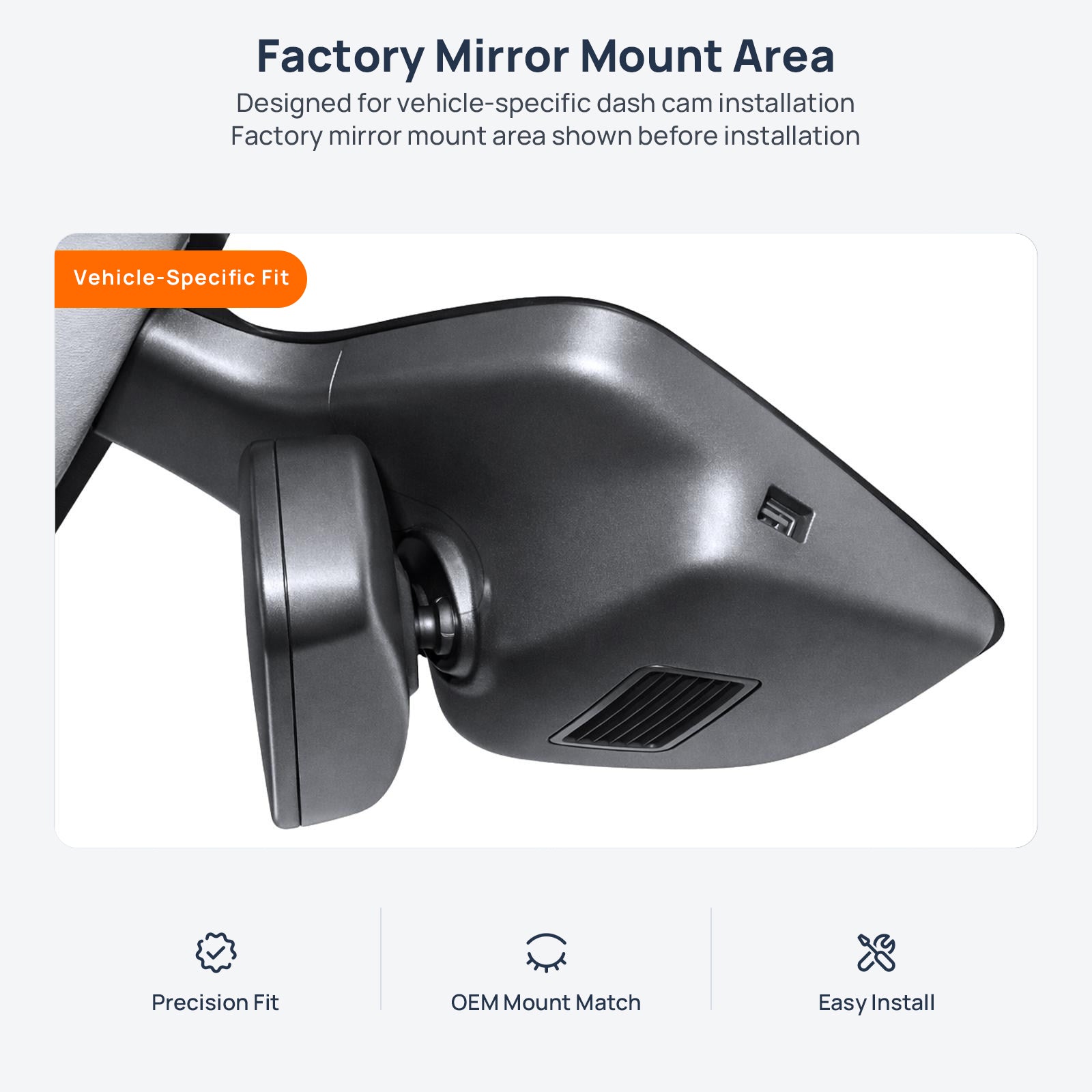 Factory mirror mount area for Ford Edge CD539 dash cam installation