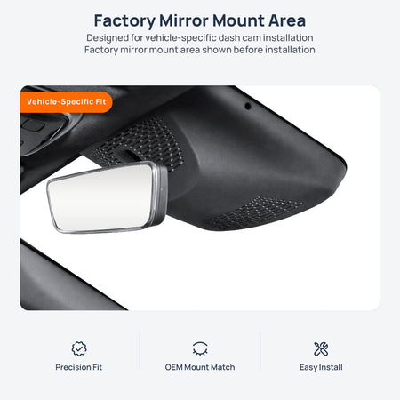 Factory mirror mount area for Rising Auto F7 dash cam installation