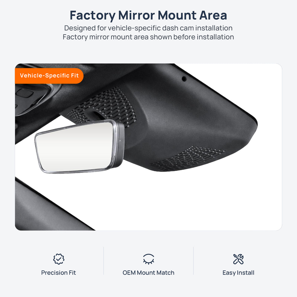 Factory mirror mount area for Rising Auto F7 dash cam installation